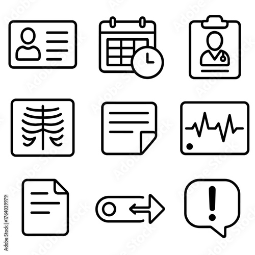 Hospital EHR Interface outline icon set: patient profile screen, appointment scheduler, doctor’s notes window, vitals monitor chart, imaging record icon, report export file, data