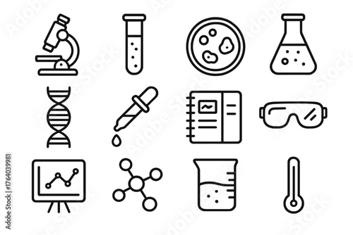 Laboratory Research outline icon set: microscope, test tube, petri dish, flask, DNA strand, chemical dropper, notebook, safety goggles, data chart, molecule, beaker, thermometer.