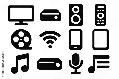 Home Smart Entertainment silhouette set: smart TV, streaming box, speaker, remote control, movie reel, Wi-Fi signal, smartphone, tablet, music note, gaming console, voice command