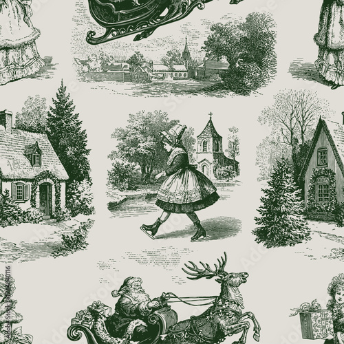 Seamless vector pattern with traditional European Christmas scenes. Vintage engraving or ink drawing style vector illustration.