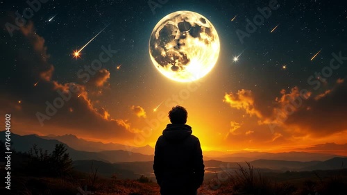 Person watches meteor shower under a large moon during sunset