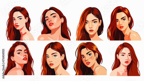 A collection of stylized illustrations showcases diverse portraits of beautiful young women with long, flowing auburn hair and various expressions.