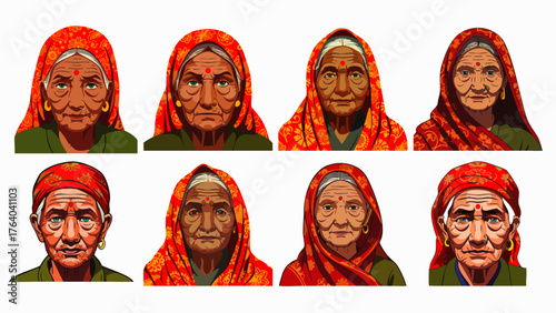 A series of illustrations showcasing diverse portraits of elderly Indian women, each adorned with traditional attire and headscarves.