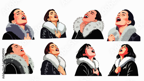 A series of illustrations depicts a woman expressing intense emotion, possibly joy or pleasure, with her head tilted back and mouth open.