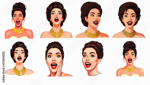 A series of illustrations showcasing a woman's expressions, featuring various hairstyles and a golden necklace, in a pop art style.