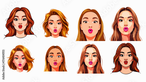 A collection of stylized illustrations featuring diverse women with different hair colors, all blowing kisses towards the viewer, creating a playful and engaging design.