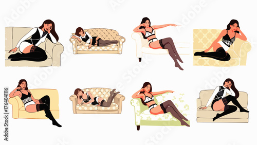 Illustration of a woman in lingerie on various couches, showcasing different poses for fashion and lifestyle concepts.