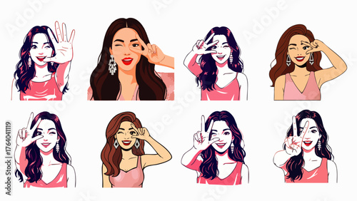 A collection of stylized illustrations showcases a diverse array of women, each displaying unique gestures and expressions in a vibrant pink and white color scheme.