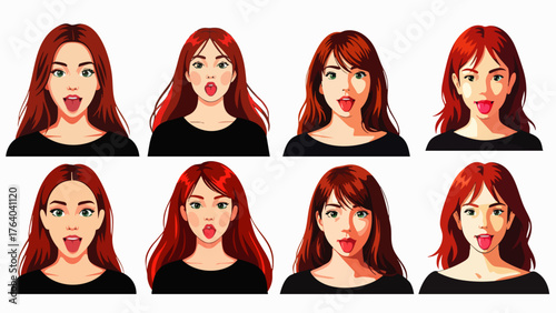 A collection of stylized illustrations showcases diverse women with red hair, each expressing a range of surprised and open-mouthed facial expressions.