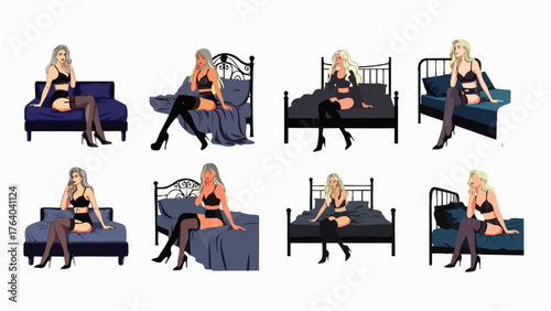 An artistic illustration showcases a woman in lingerie posed on various beds