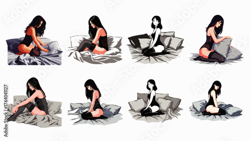 A series of artistic illustrations depict a woman in lingerie interacting with pillows
