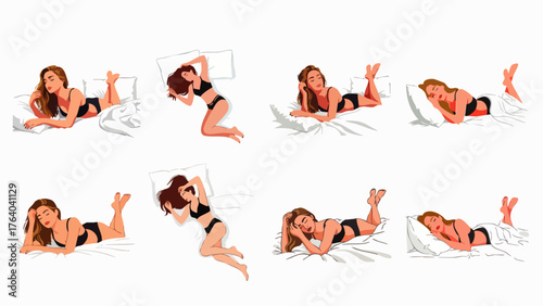A collection of illustrations showcasing a woman in various relaxed poses on a bed, perfect for lifestyle and concept designs.