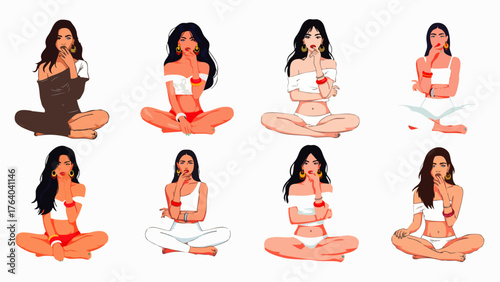 A collection of illustrations featuring women in various poses, with hands near their mouths, creating a sense of mystery and intrigue.