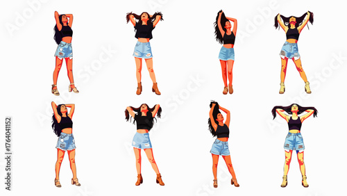 A series of illustrations depicts a stylish woman in various poses, wearing a black top, denim shorts, and heels against a white background.