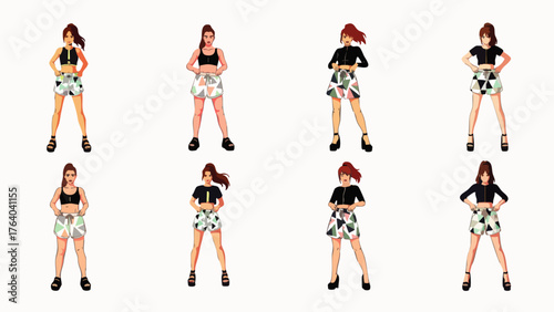 A series of illustrations showcasing a young woman in various poses, wearing a black top and patterned shorts, isolated on a white background.
