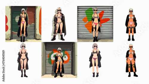 A collection of stylized anime characters, each depicted in a bikini and coat, posing in front of graffiti-covered garage doors.