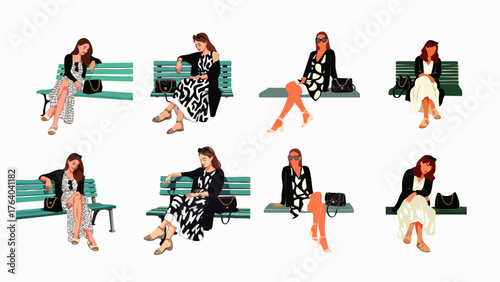 A series of illustrations depicts a stylish woman in various poses, seated and relaxed, showcasing fashion and leisure in a clean, graphic style.