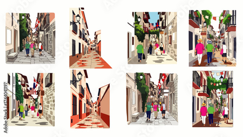 A series of illustrations depicting a charming European street scene with people strolling and enjoying the ambiance, showcasing architectural details.