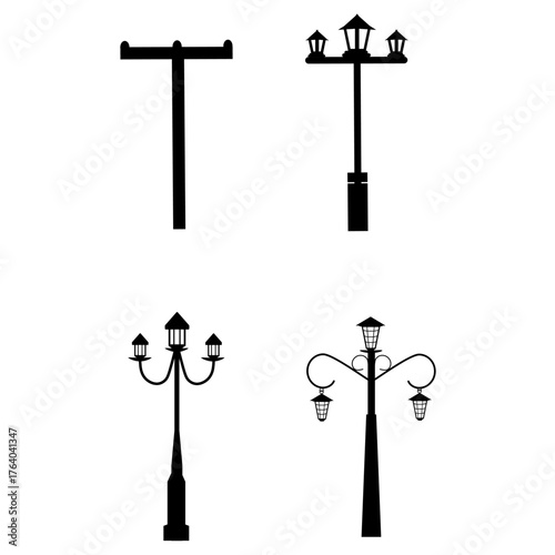 Monochrome Silhouette Vector Set of Classic and Modern Street Light Poles: Black Lamppost and Power Pole Icons