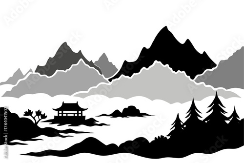 Vector illustration of a mountain landscape with snow-capped peaks, sunset, and water