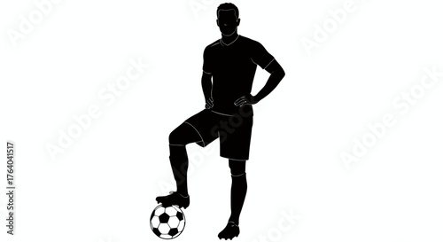 Silhouette of a male soccer player standing with one foot on a football, ready for the game, isolated on white background.
