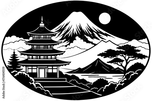 Ancient and Japanese castle and pagoda vector illustration with mountain, sky, and nature landscape design