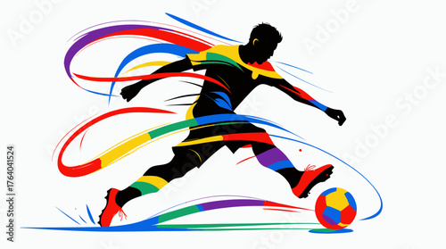 A vibrant, dynamic silhouette of a football player kicking a colorful ball, surrounded by abstract energetic swooshes on a clean white background.