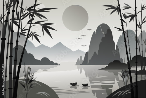 A beautiful tropical bamboo forest meets the sea on a sunny beach at sunset, a perfect nature landscape for summer vacation travel
