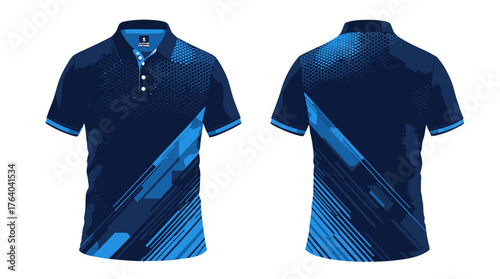 A vector illustration showcases a stylish, modern football polo shirt design, featuring a front and back view with dynamic blue geometric patterns, perfect for sports apparel.