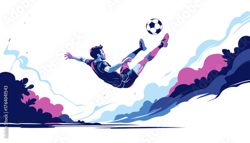 Dynamic vector illustration of a football player executing a bicycle kick against a stylized background, perfect for sports-themed designs and promotions.