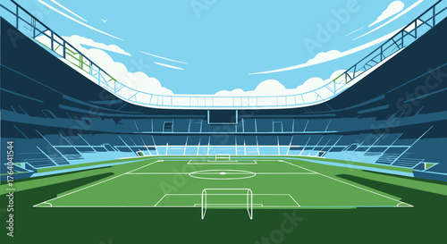 Expansive green football stadium under a bright blue sky with scattered clouds, ready for a major sporting event.