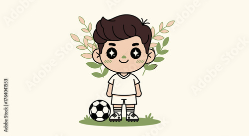 A cheerful cartoon illustration of a young boy dressed in a football uniform with a soccer ball, set against a backdrop of delicate floral elements.