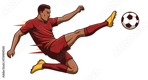Dynamic illustration of a soccer player in mid-air kicking a ball with speed lines indicating motion, perfect for sports graphics.
