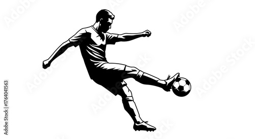 A dynamic black and white vector illustration captures a male football player in action, powerfully kicking a soccer ball during an intense match or practice session.