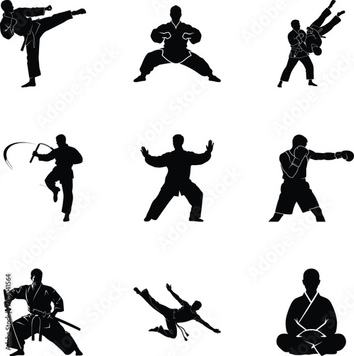 Vector art of martial arts silhouettes showing different techniques