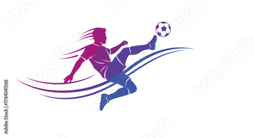 Dynamic vector silhouette of a soccer player kicking a ball in a vibrant gradient, representing athletic movement and sports competition.