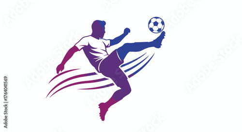 A dynamic vector illustration showcases a silhouette of a football player in mid-air, kicking a soccer ball, with vibrant purple and blue gradient effects, perfect for sports-related designs.