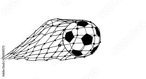 Dynamic vector illustration of a classic black and white football soccer ball entering a net, captured in a moment of scoring a goal.