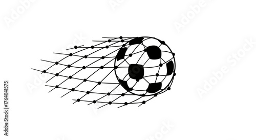 A classic black and white football illustration captures the exciting moment a soccer ball powerfully strikes the goal net, perfect for sports graphics.