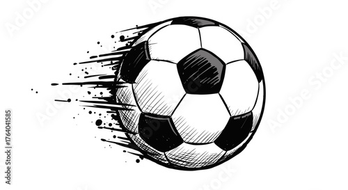 A dynamic hand-drawn football illustration with speed lines and ink splatters, capturing the intense motion of a fast-moving soccer ball.