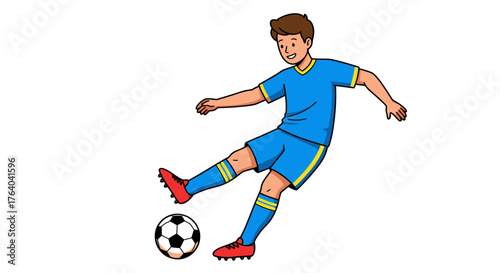 A young male soccer player in a blue uniform skillfully kicks a classic black and white football, presented as a vibrant vector illustration on a transparent background.