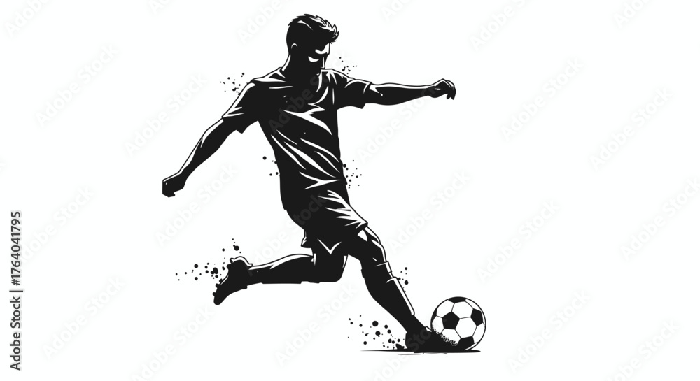 Naklejka premium A dynamic silhouette of a male football player powerfully kicking a soccer ball, rendered in a modern vector art style with grunge splash effects.
