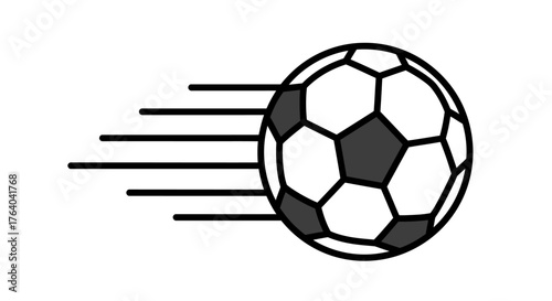 A simple black and white vector illustration of a classic football rapidly moving with speed lines, isolated on a clean white background, perfect for sports design.