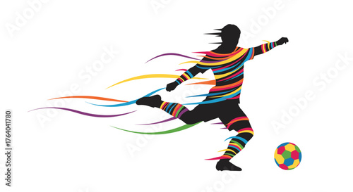 A dynamic silhouette of a soccer player kicking a colorful ball, depicted with vibrant abstract lines conveying speed and energy on a white background.