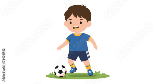 A cheerful young boy in a blue uniform is actively playing football on a green patch of grass, depicted in a friendly cartoon vector style.