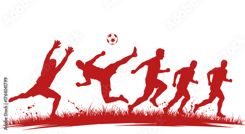 Dynamic sequence of red silhouette soccer players in action, kicking and running with a ball, set against a white background with grass detail.