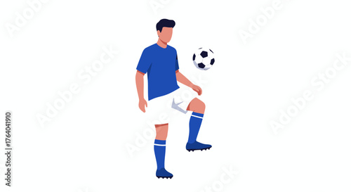 A male football player in a blue uniform skillfully juggles a soccer ball with his knee, depicted as a modern flat vector illustration.