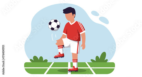 A vibrant vector illustration depicts a young soccer player skillfully juggling a football, showcasing athleticism on a green field with a light blue background.