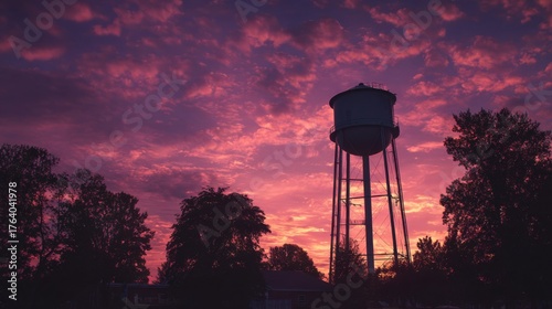 Silhouette of a Water Tower Against a Vibrant Sunset Sky.