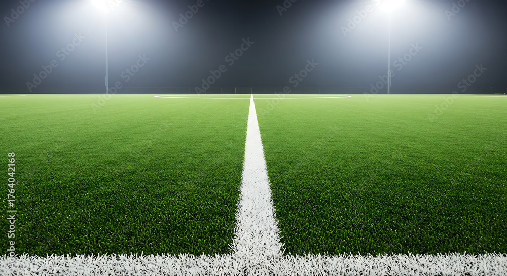 Obraz premium Green Soccer Field with White Lines and Stadium Lights Shining Above, Creating a Vibrant Sports Arena Atmosphere